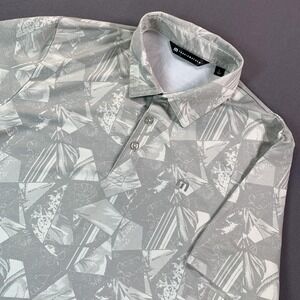 TravisMathew Polo Shirt Mens Large Gray Geometric Tropical Print Golf Stretch